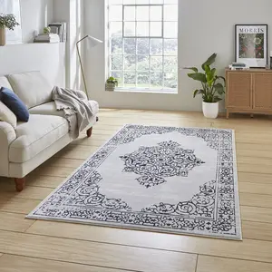 Blue Silver Traditional Abstract Bordered Easy To Clean Rug For Living Room Bedroom & Dining Room-80cm X 150cm