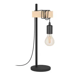 EGLO Townshend Black Metal & Natural Wood Table Lamp - Industrial Chic Design (D) 17.5cm