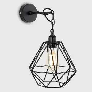 ValueLights Huber Industrial Satin Black Wall Ceiling Light Fitting with Black Metal Cage Shade