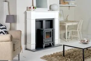 Adam Oxford Stove Fireplace in Pure White with Hudson Electric Stove in Black, 48 Inch