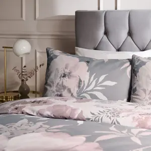 Dramatic Floral Reversible Duvet Cover Set with Pillowcases Grey / Single - 1 Standard Pillowcase