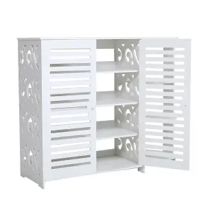 4 Tier White Modern Shoe Storage Cabinet with Double Doors and Open Shelf for Entryway