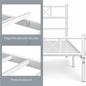 Yaheetech White 4ft6 Double Metal Bed Frame with Cross-design Headboard & Footboard