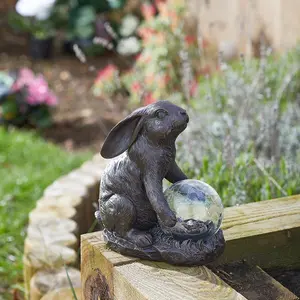 Solar Powered LED Hare Garden Ornament - Hand Painted Polyresin Sculpture with Light Up Crackle Ball - H18.5 x W16.5 x D10.5cm