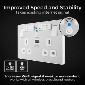 BG Evolve USB 13A Double Switched Socket, Wi-Fi Extender, Brushed Steel