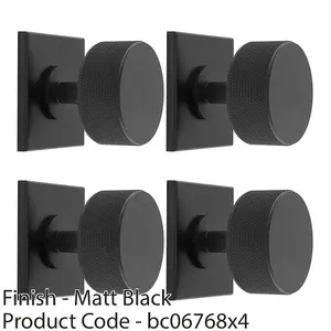 4 PACK - Knurled Radio Cabinet Door Knob & Matching Backplate - Matt Black 40 x 40mm