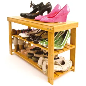 3 Tier Bamboo Shoe Rack - Wooden Shoe Stand Storage Organizer Bench for Hallway, Entryway, Living Room - H45 x W70 x D28.5cm