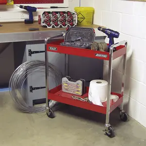 Heavy Duty 2 Level Workshop Trolley with 75kg Capacity and Four Locking Wheels