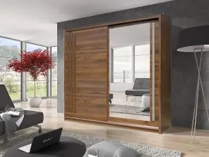 Effect 2 Mirrored Sliding Door Wardrobe in Columbian Walnut - W2000mm H2160mm D590mm, Modern and Organised