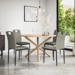 Malvern Round Dining Table And Chairs -  Oak Table Top w Solid Oak Legs + Monza Fabric Dining Chair Set Of 4 (Grey)