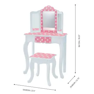 Teamson Kids Dressing Table, Play Vanity Set with Mirror & Stool - Pink/White/Polka Dots