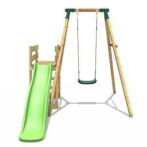 Rebo Wooden Swing Set plus Deck & Slide - Solar Green