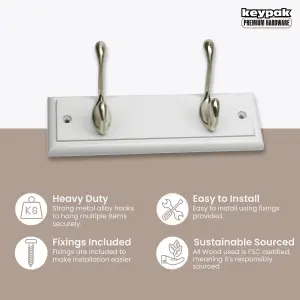 keypak 2-Hook Door Wall Mounted Coat Rack, 22.5cm - White Wooden Board, Satin Nickel Coat Hooks - Fixings Included