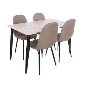 White marble effect Table and four chair set, rectangular table 120cm x 80cm with four grey upholstered chairs