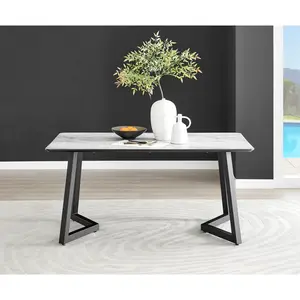 Industrial Design White & Grey Marble Effect Melamine Dining Table Set with 6 Luxury Velvet Chairs Green/Black