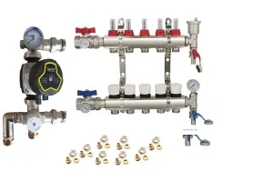 Underfloor Heating Warmer System 4 Port Manifold with 'A' Rated Auto Pump GPA25-6 III and Blending Valve Set