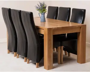 Kuba 180 x 90 cm Chunky Oak Dining Table and 6 Chairs Dining Set with Lola Black Leather Chairs