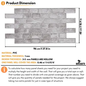 3D Wall Panels with Adhesive - 6 Sheets, 96 x 48 cm each, Covers 2.76 sqm - PVC Cladding with Grey Faux Brick Effect