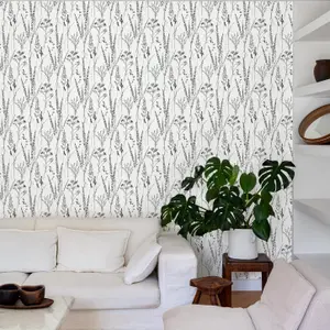 Grandeco Halm Grass & Flower Sprigs Blown Vinyl Wallpaper, White