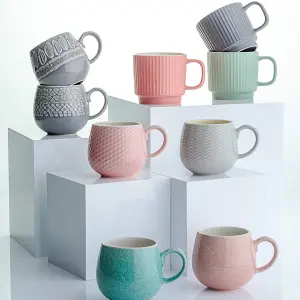 Set of 6 Embossed Honeycomb Pink Mug 350ml