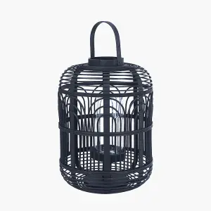 Large Black Bamboo and Glass Lantern