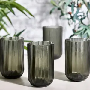 Set of 4 Vintage Luxury Grey Ribbed Tall Drinking Glass Whisky Glass Tumbers 420ml