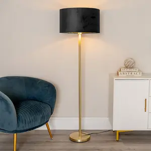 ValueLights Charles Gold Stem Floor Lamp with Black Velvet with Gold Inner Lamp Shade and LED Bulb