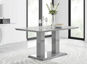 Imperia Grey High Gloss 6 Seater Dining Table with Structural 2 Plinth Column Legs 6 Grey Velvet Silver Leg Belgravia Chairs