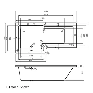 Linea 1700mm L-Shape Shower Bath, Front Panel & Screen - Right Hand