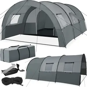 Tent Roskilde - for 6 people, with awning, groundsheet, 4 windows with mosquito nets - light grey/dark grey