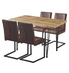 Hallowood Furniture Cullompton Large Dining Table 120cm, Live Edge Effect Top, and 4 Brown Leather Effect Dining Chairs