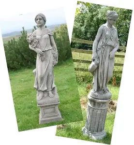 Large Female Statues Rose Lady and Girl with Jug on Pedestals