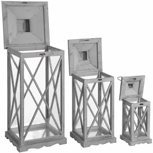 Set Of Three Wooden Lanterns With Traditional Cross Section - L31 x W31 x H84 cm