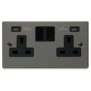 Black Nickel 2 Gang 13A 2 USB Twin Double Switched Plug Socket - Black Trim - SE Home