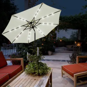 GlamHaus Garden Parasol Solar LED 2.7M ,Tilting Table Umbrella with Crank Handle, Protection UV40, Includes Parasol Cover- Cream