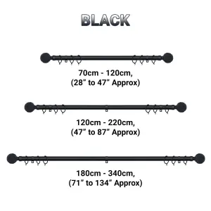 A.Unique Home Knotted Ball Metal Extendable Curtain Pole With Rings and Fittings (25/28mm) - Matte Black, 120cm - 220cm Approx