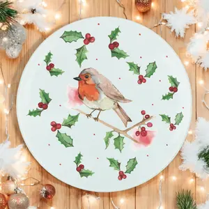 Christmas Robins Round Glass Worktop Saver - Chopping/Cutting Serving Board Gift