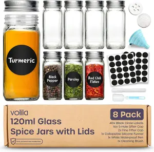 8 Pack 120ml Glass Spice Jars with Lids - Airtight Square Seasoning Jars for Spices, Herbs & Salt