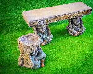 Pixie Goblin Garden Bench and Matching Birdbath - Set