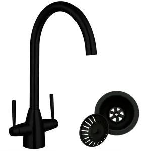 Matt Black Dual Lever Kitchen Sink Mixer Tap Swivel Spout & Basket Strainer Waste