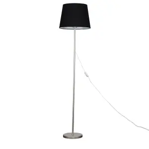 ValueLights Modern Standard Floor Lamp In Brushed Chrome Metal Finish With Black Tapered Shade