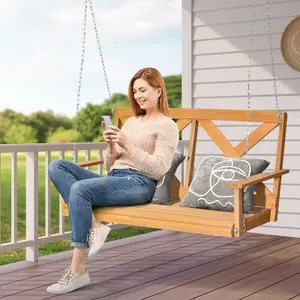 Costway 2-Person Porch Swing Chair Wooden Garden Swing Bench w/ Adjustable Chains