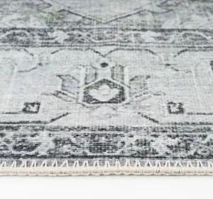 Silver Grey Green Distressed Bordered Medallion Anti Slip Washable Rug 160x230cm