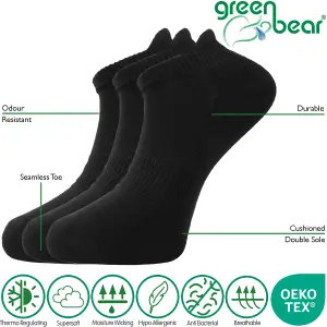 Green Bear Unisex Bamboo BLACK Trainer Sports Socks: Size 6-8 - Cushioned Sole - Soft Antibacterial - 3 Pack