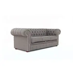 Chesterfield 3 Seater Sofa Charles Slate Grey Real Linen Fabric In Classic Style