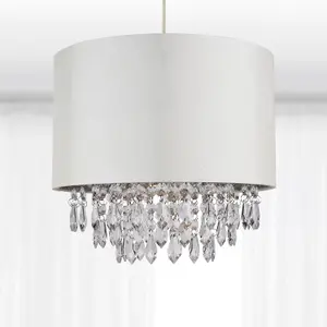 First Choice Lighting 300mm Cream Faux Silk Easy Fit Shade with Chrome Inner and Clear Droplets