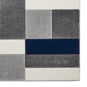 Geometric Grey Navy Modern Easy To Clean Rug For Dining Room-80cm X 150cm