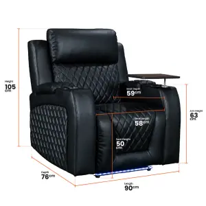 Electric Recliner Chair & Cinema Seat with Massage and Chilled Cup Holders  in Black Leather Aire - Venice Series One