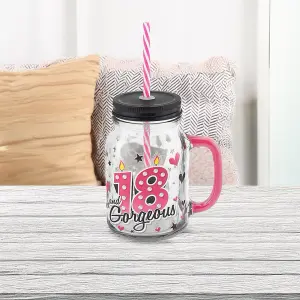 18th Birthday Mason Jar With Metal Lid Glass Handle and Pink/White Straw