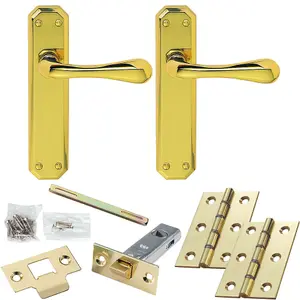 Door Handle & Latch Pack - Polished Brass - Flared End Lever On Shaped Backplate